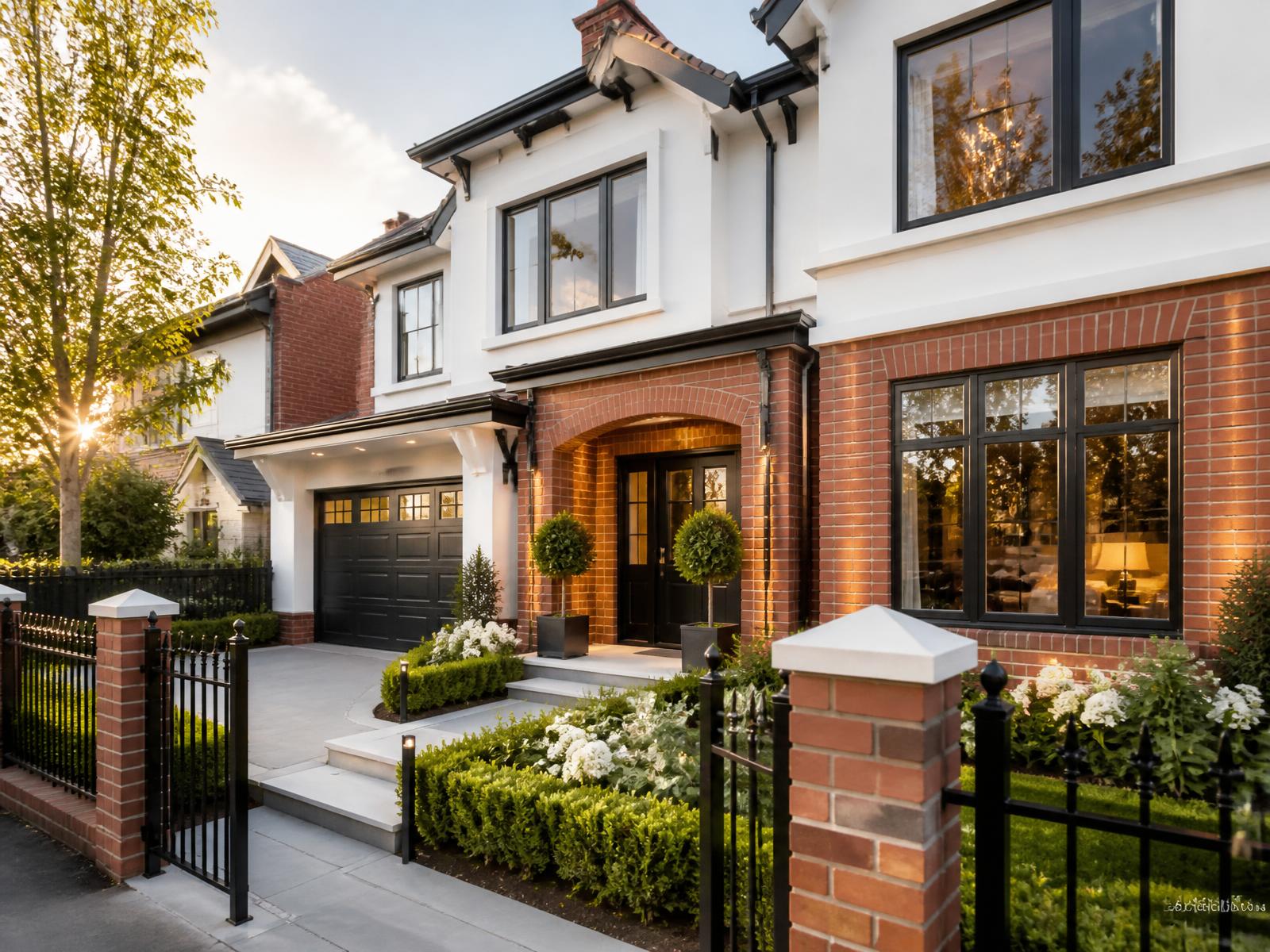 Premium modern family home exterior at golden hour